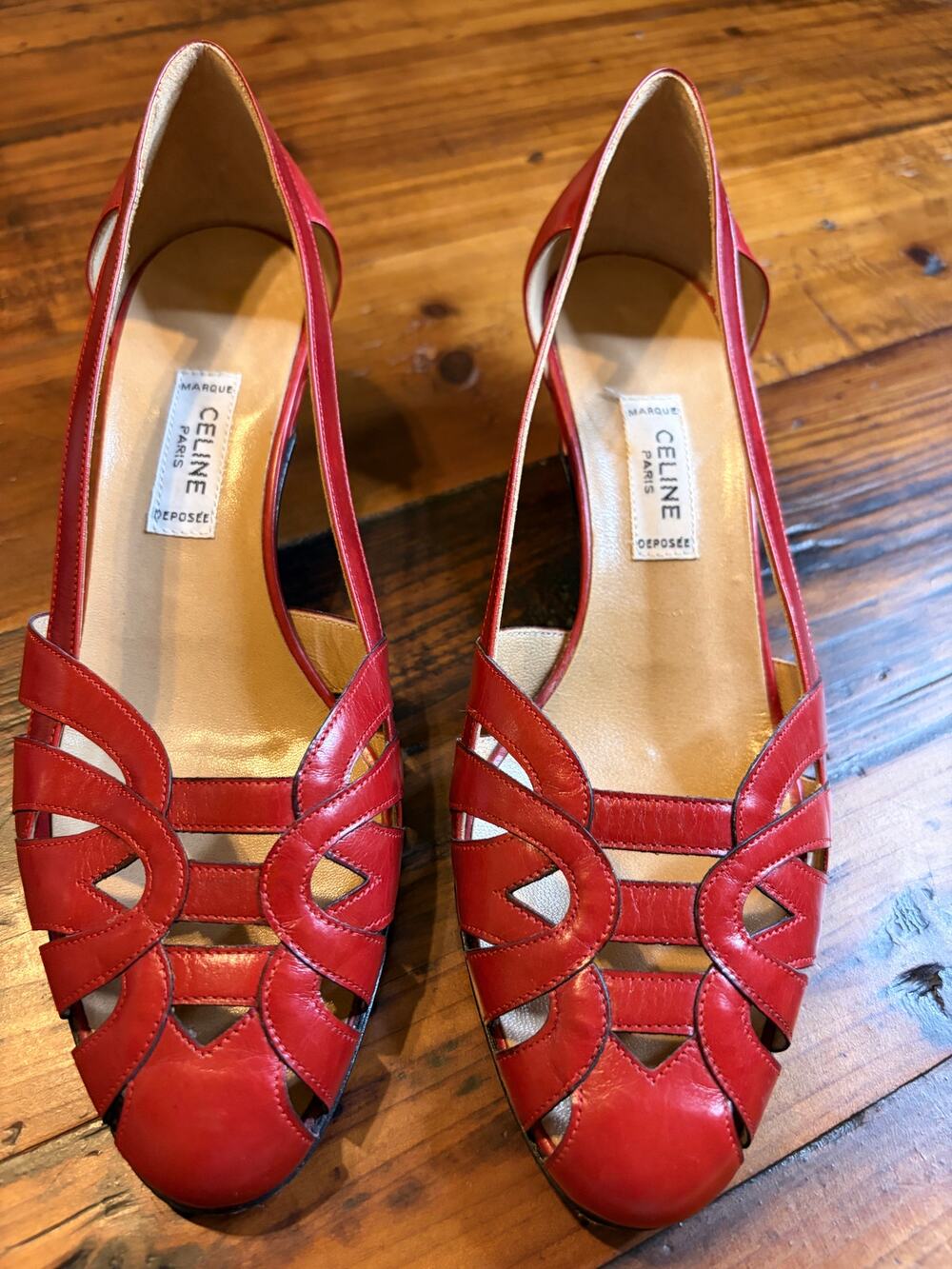 Vintage Céline Paris Red Leather Cutout Kitten Heel Sandals